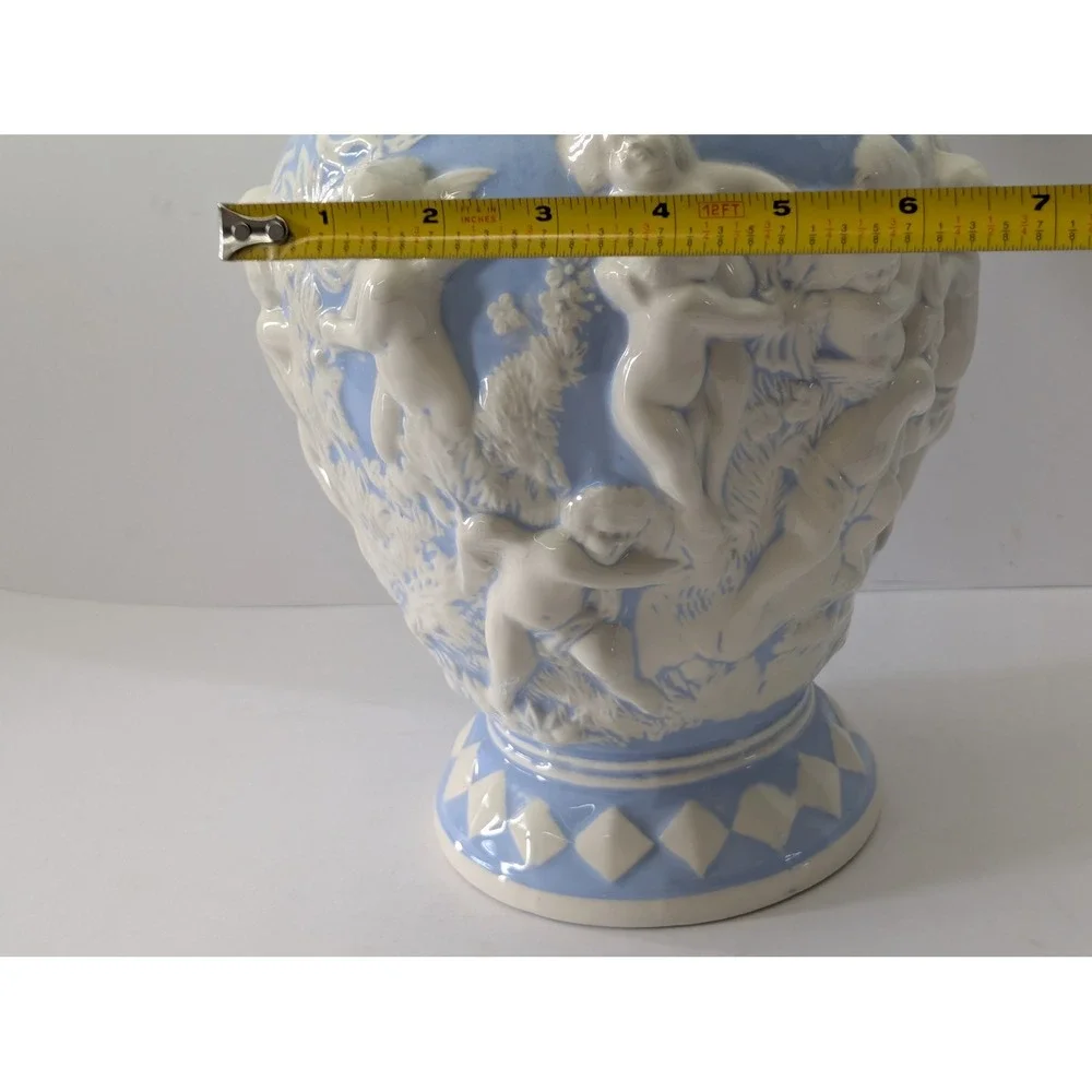 Blue and White Ceramic Cherub Ginger Jar Ornate Relief Urn w Lid 15i